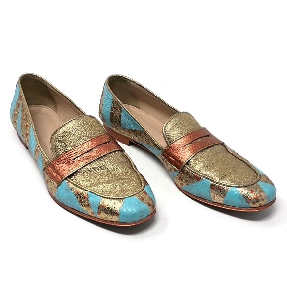 One Of A Kind Hand Painted Crinkle Gold Penny Loafers J Crew Women's 8 - Picture 3 of 14